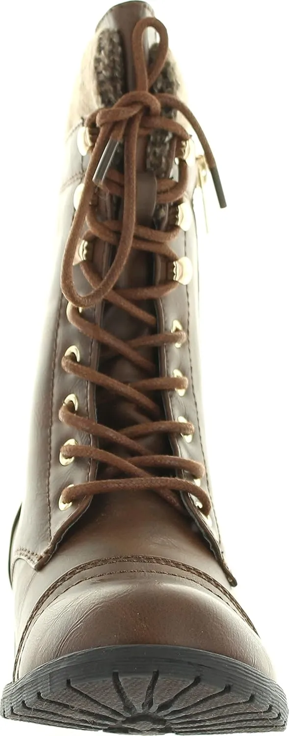 Forever Link Womens Mango-31 Round Toe Military Lace Up Knit Ankle Cuff Low Heel Combat Boots