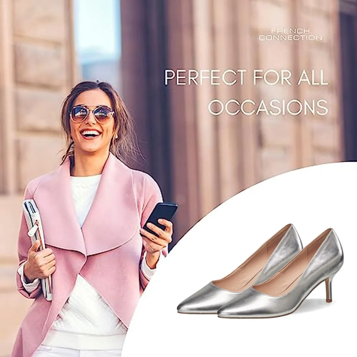 French Connection Kitten Heel Pumps for Women Closed Pointy Toe Slip-On Fashion Work Office Dress Shoes for Women