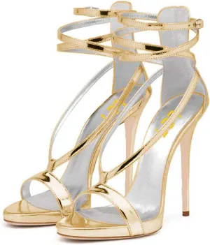 FSJ Women Sexy Strappy Sandals for Women Open Toe Metallic High Heels Pumps Wedding Party Summer Shoes 4-15 US