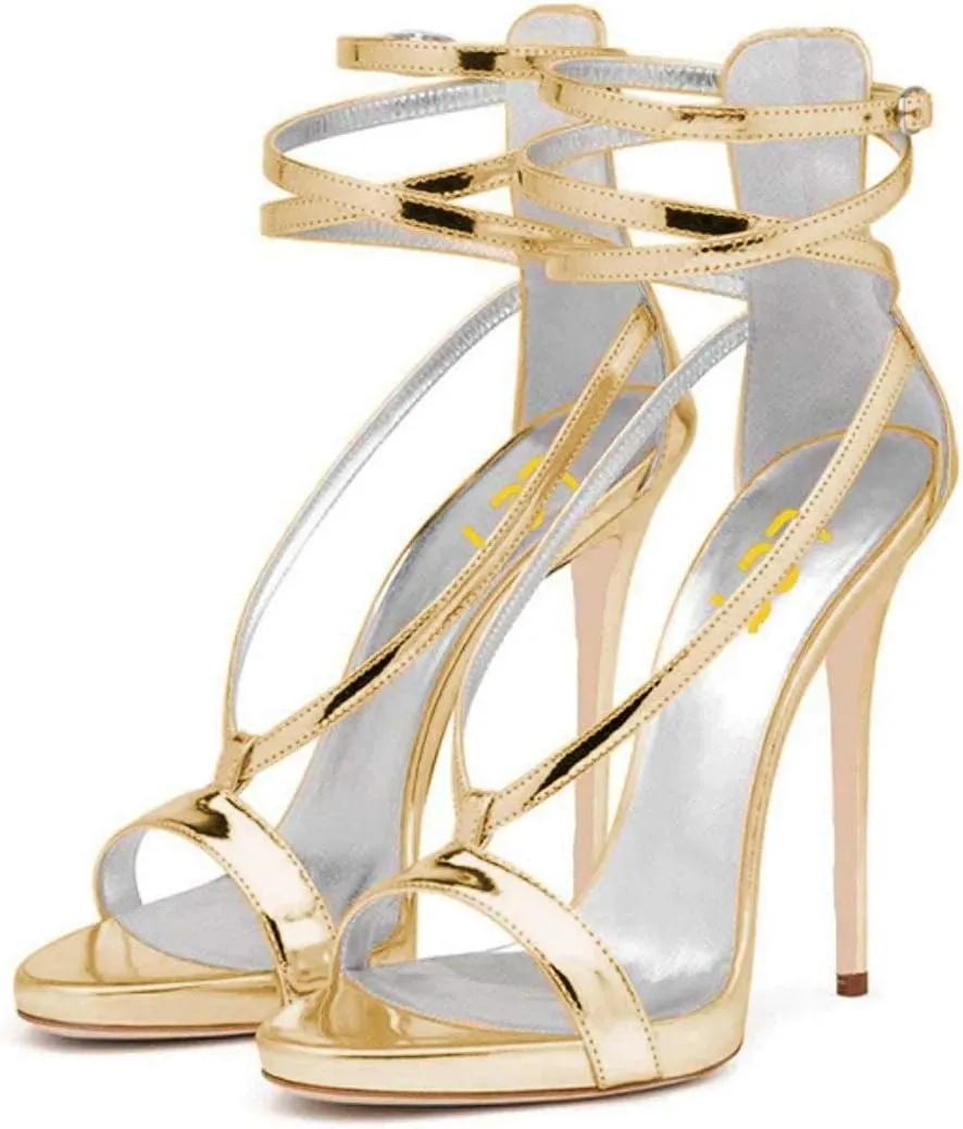 FSJ Women Sexy Strappy Sandals for Women Open Toe Metallic High Heels Pumps Wedding Party Summer Shoes 4-15 US
