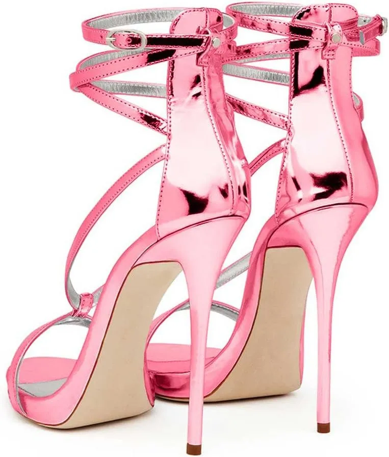 FSJ Women Sexy Strappy Sandals for Women Open Toe Metallic High Heels Pumps Wedding Party Summer Shoes 4-15 US