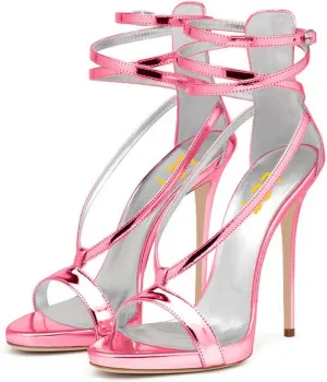 FSJ Women Sexy Strappy Sandals for Women Open Toe Metallic High Heels Pumps Wedding Party Summer Shoes 4-15 US