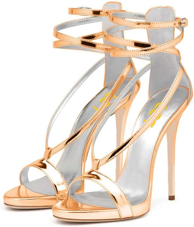 FSJ Women Sexy Strappy Sandals for Women Open Toe Metallic High Heels Pumps Wedding Party Summer Shoes 4-15 US