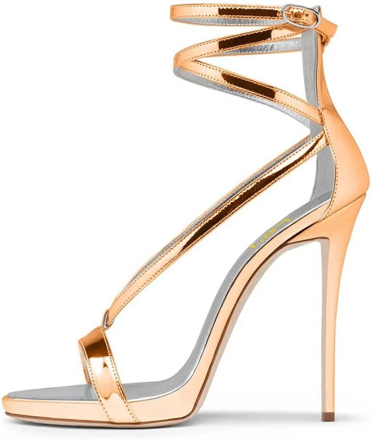 FSJ Women Sexy Strappy Sandals for Women Open Toe Metallic High Heels Pumps Wedding Party Summer Shoes 4-15 US