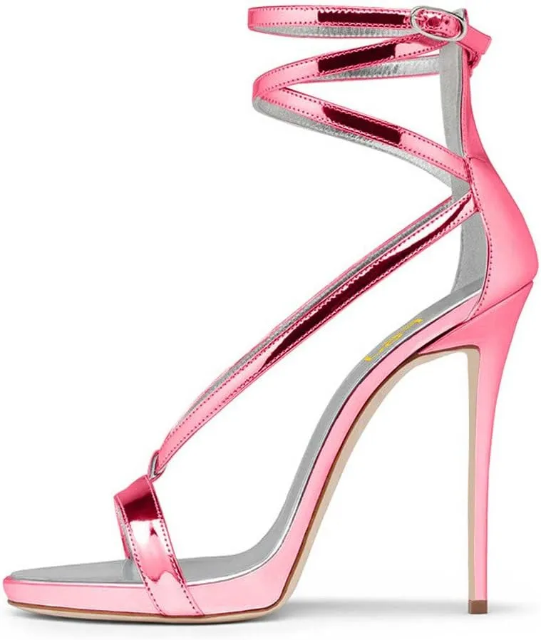 FSJ Women Sexy Strappy Sandals for Women Open Toe Metallic High Heels Pumps Wedding Party Summer Shoes 4-15 US