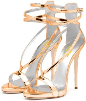 FSJ Women Sexy Strappy Sandals for Women Open Toe Metallic High Heels Pumps Wedding Party Summer Shoes 4-15 US