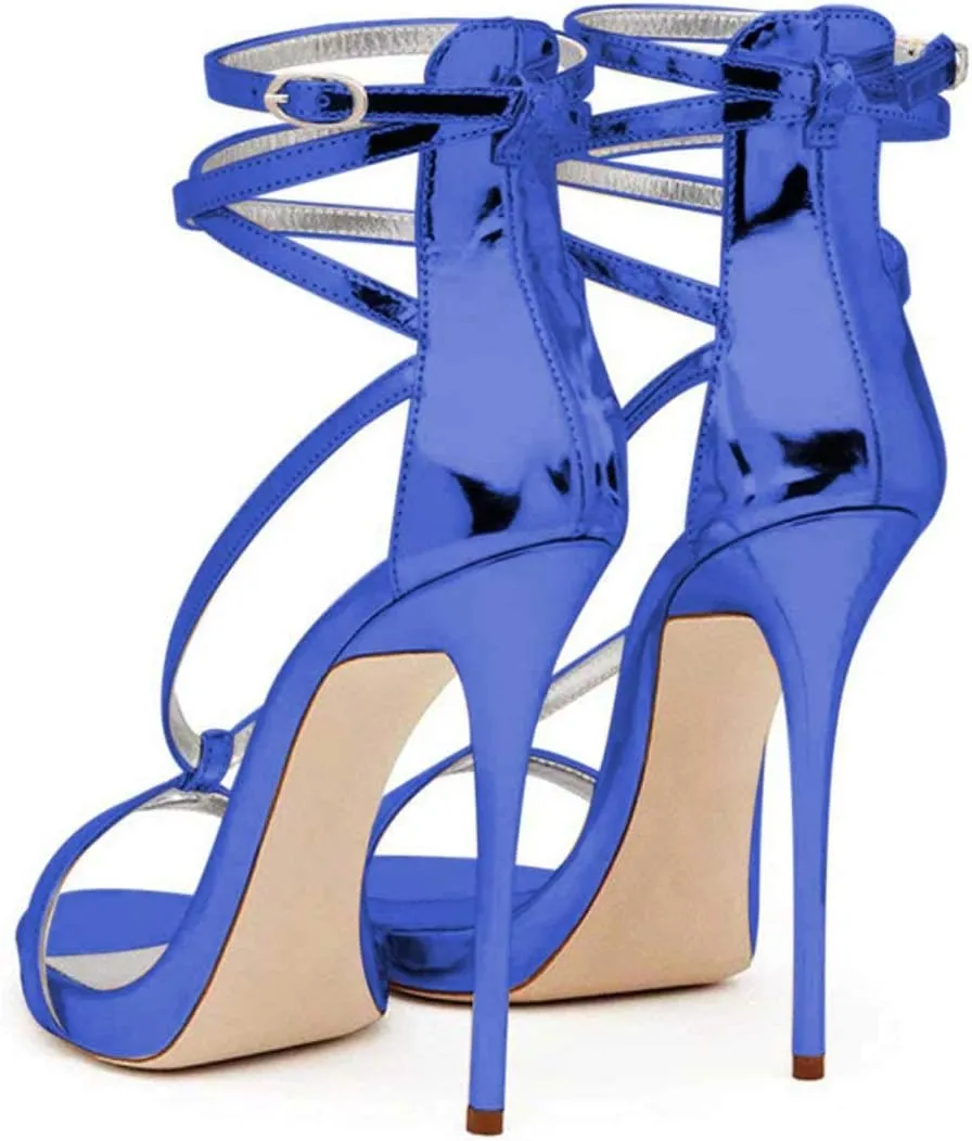 FSJ Women Sexy Strappy Sandals for Women Open Toe Metallic High Heels Pumps Wedding Party Summer Shoes 4-15 US