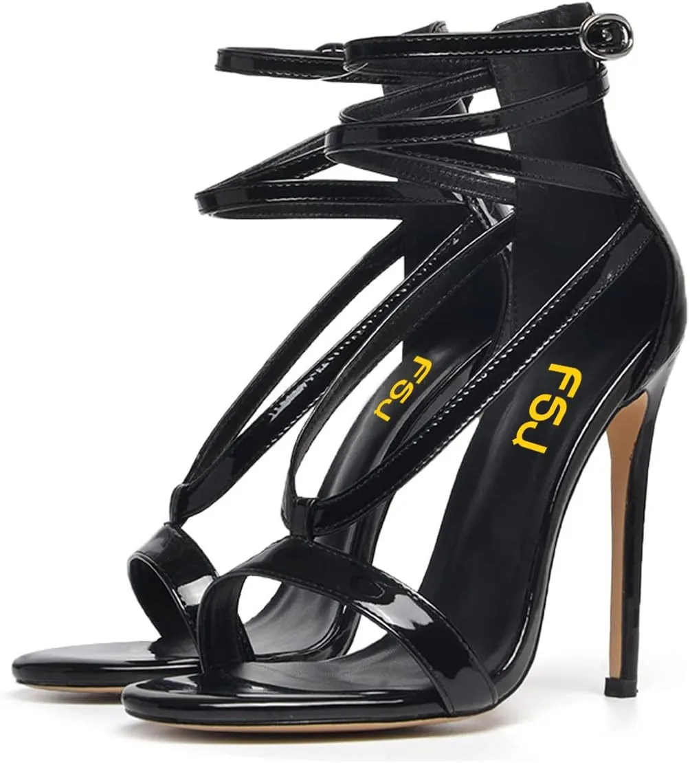 FSJ Women Sexy Strappy Sandals for Women Open Toe Metallic High Heels Pumps Wedding Party Summer Shoes 4-15 US