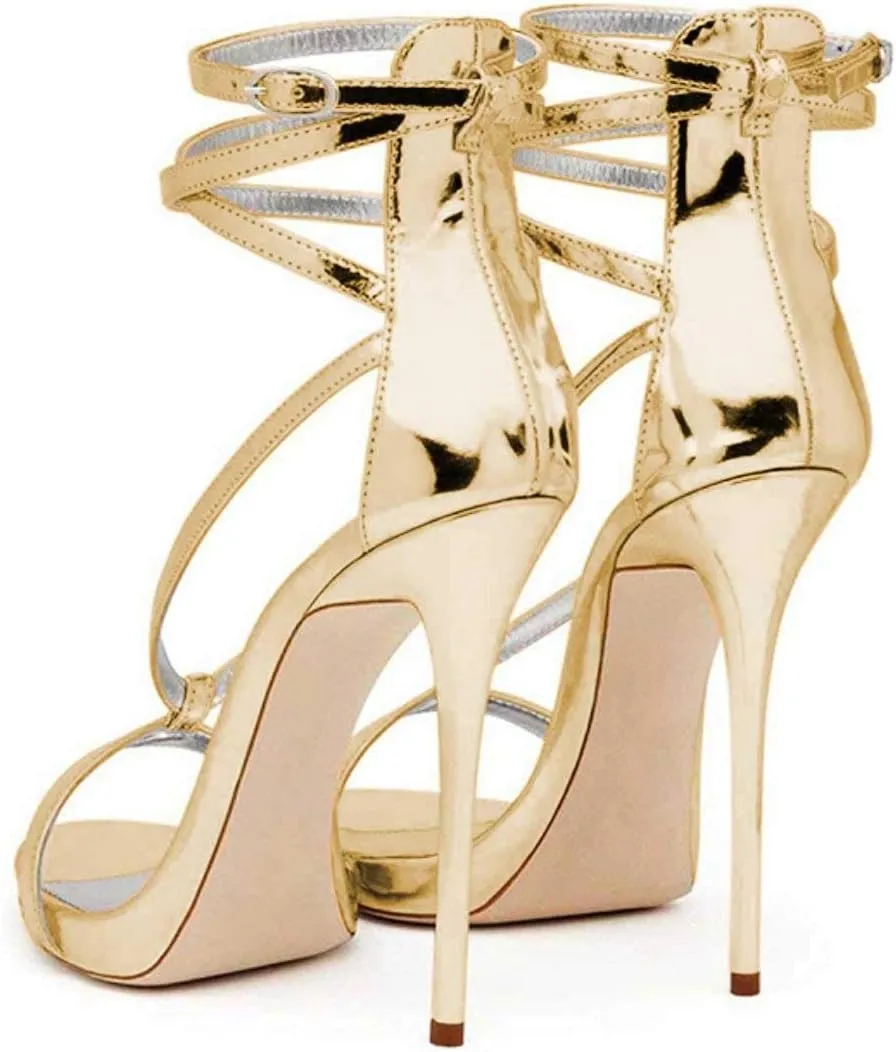 FSJ Women Sexy Strappy Sandals for Women Open Toe Metallic High Heels Pumps Wedding Party Summer Shoes 4-15 US