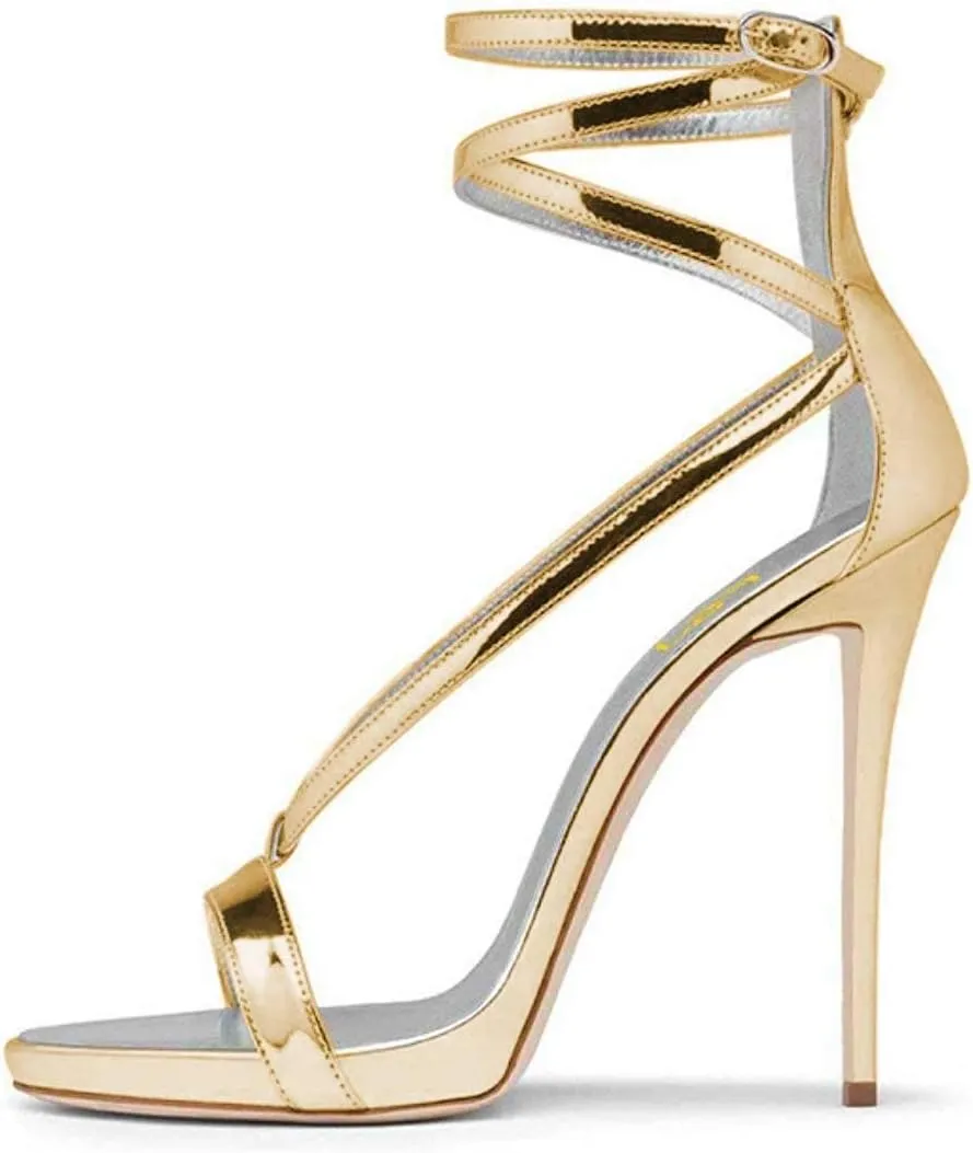 FSJ Women Sexy Strappy Sandals for Women Open Toe Metallic High Heels Pumps Wedding Party Summer Shoes 4-15 US
