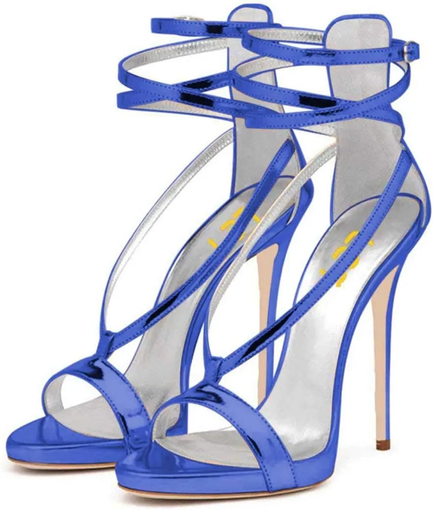 FSJ Women Sexy Strappy Sandals for Women Open Toe Metallic High Heels Pumps Wedding Party Summer Shoes 4-15 US