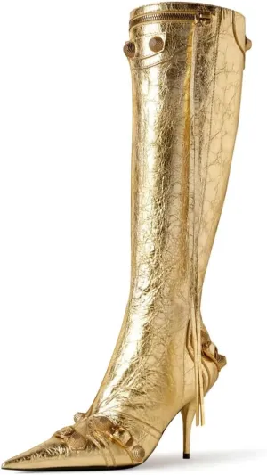 FSJ Women Stiletto Heel Knee-High Boots Sexy Pointed Toe Studded Rivets Tassel Fashion Boots Metallic Leather Side Zipper Party Dressy Shoes Size 4-16 US