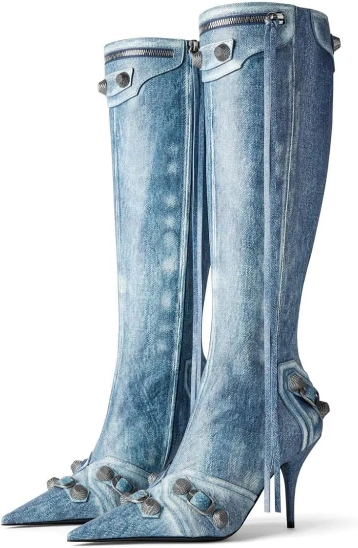 FSJ Women Stiletto Heel Knee-High Boots Sexy Pointed Toe Studded Rivets Tassel Fashion Boots Metallic Leather Side Zipper Party Dressy Shoes Size 4-16 US