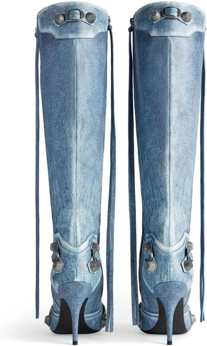 FSJ Women Stiletto Heel Knee-High Boots Sexy Pointed Toe Studded Rivets Tassel Fashion Boots Metallic Leather Side Zipper Party Dressy Shoes Size 4-16 US