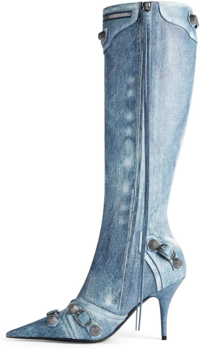 FSJ Women Stiletto Heel Knee-High Boots Sexy Pointed Toe Studded Rivets Tassel Fashion Boots Metallic Leather Side Zipper Party Dressy Shoes Size 4-16 US