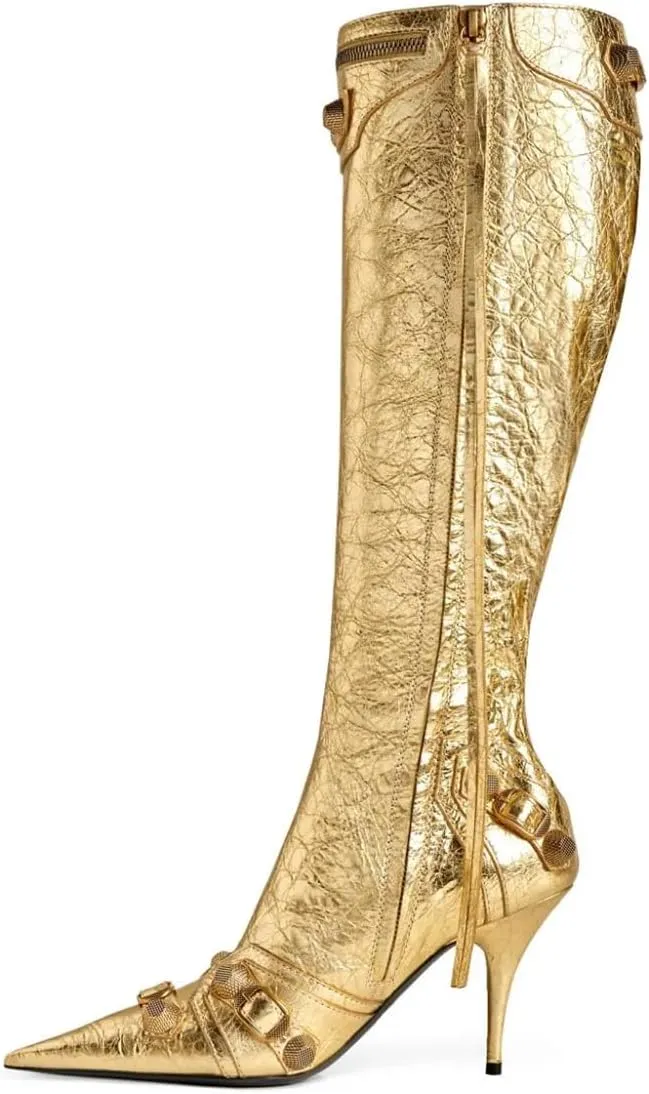FSJ Women Stiletto Heel Knee-High Boots Sexy Pointed Toe Studded Rivets Tassel Fashion Boots Metallic Leather Side Zipper Party Dressy Shoes Size 4-16 US
