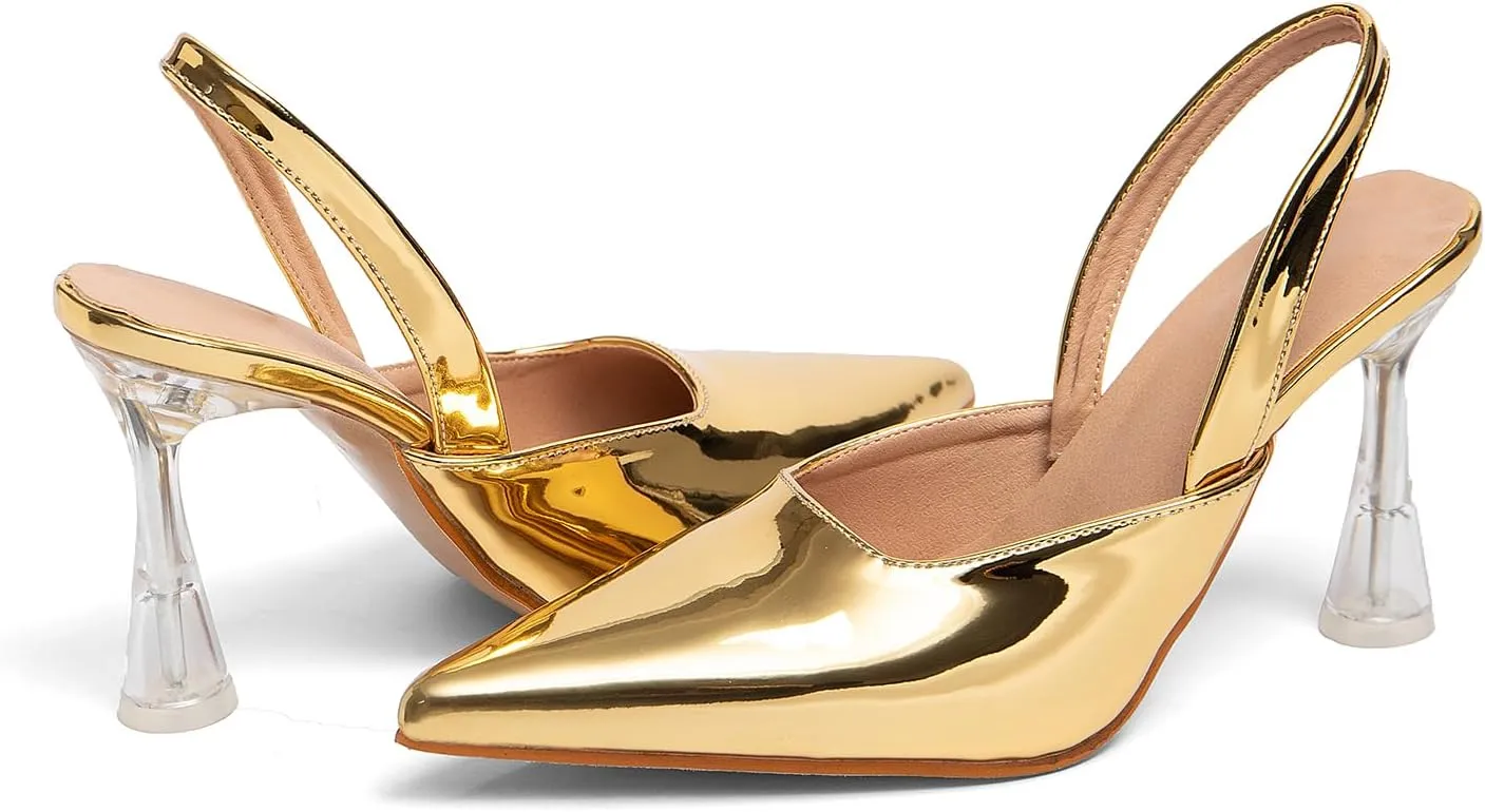 GATUXUS Women's Clear Kitten High Heels Slingback Pumps Shoes Pointed Toe Backstrap Wedding Party Dress Sandals