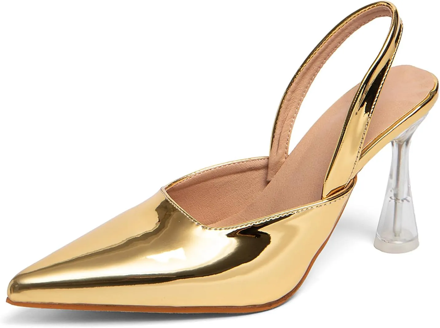 GATUXUS Women's Clear Kitten High Heels Slingback Pumps Shoes Pointed Toe Backstrap Wedding Party Dress Sandals