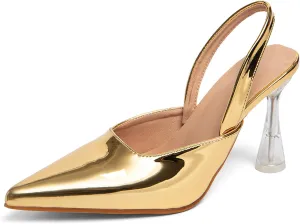 GATUXUS Women's Clear Kitten High Heels Slingback Pumps Shoes Pointed Toe Backstrap Wedding Party Dress Sandals