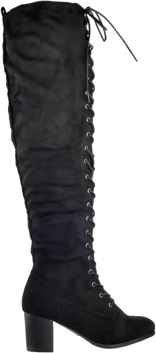 Generation Y Women Knee High Boots Chunky Block Heel Retro Lace Up Western Shoes