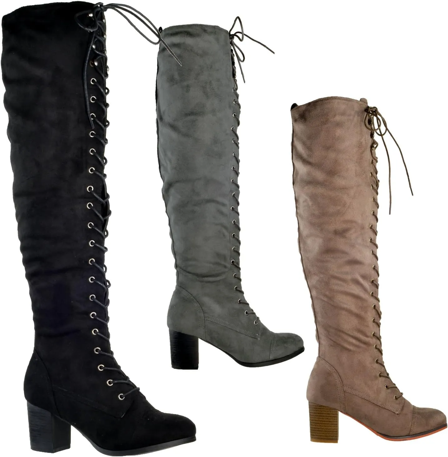 Generation Y Women Knee High Boots Chunky Block Heel Retro Lace Up Western Shoes