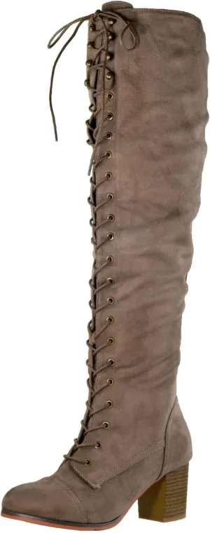 Generation Y Women Knee High Boots Chunky Block Heel Retro Lace Up Western Shoes