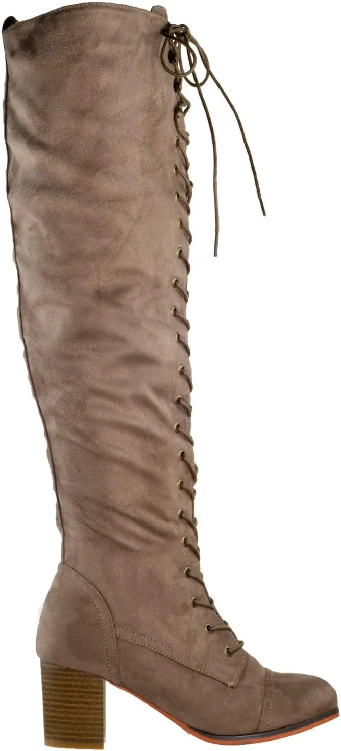 Generation Y Women Knee High Boots Chunky Block Heel Retro Lace Up Western Shoes