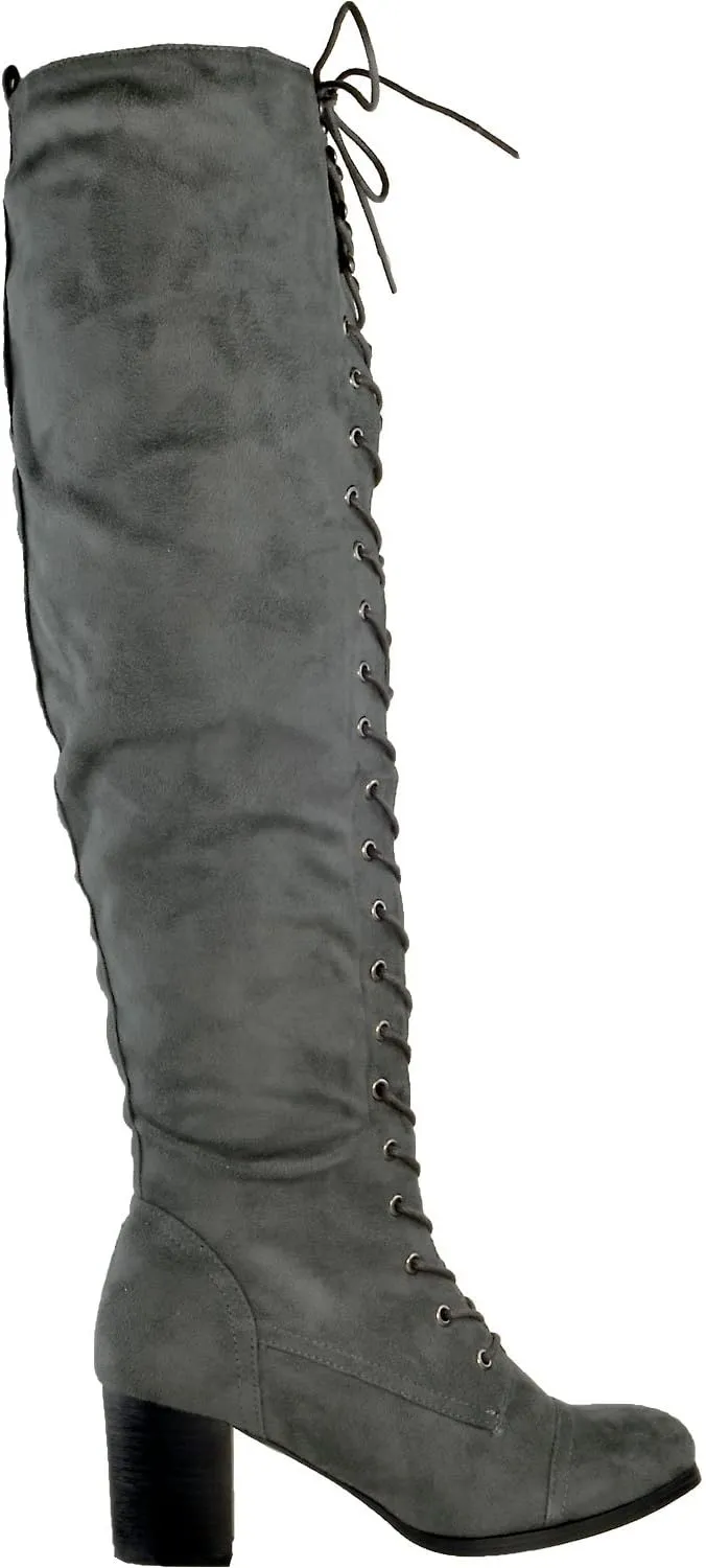 Generation Y Women Knee High Boots Chunky Block Heel Retro Lace Up Western Shoes