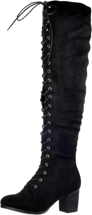 Generation Y Women Knee High Boots Chunky Block Heel Retro Lace Up Western Shoes