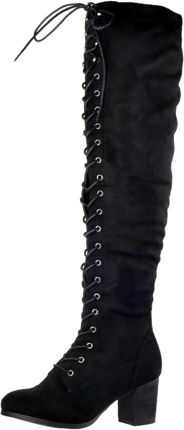 Generation Y Women Knee High Boots Chunky Block Heel Retro Lace Up Western Shoes