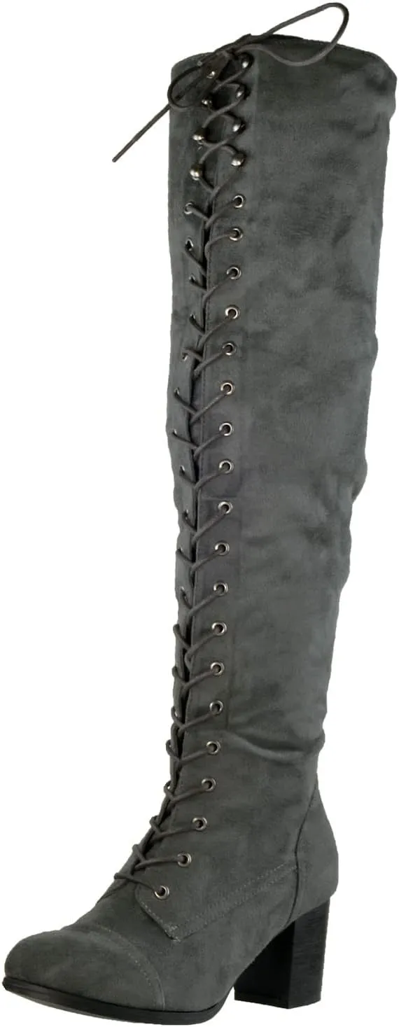 Generation Y Women Knee High Boots Chunky Block Heel Retro Lace Up Western Shoes