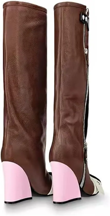 Goolita Women's Wedge Heel Knee High Boots Square Toe Side Zipper Metallic Rivet Comfortable Dress Boots