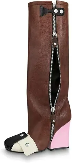 Goolita Women's Wedge Heel Knee High Boots Square Toe Side Zipper Metallic Rivet Comfortable Dress Boots