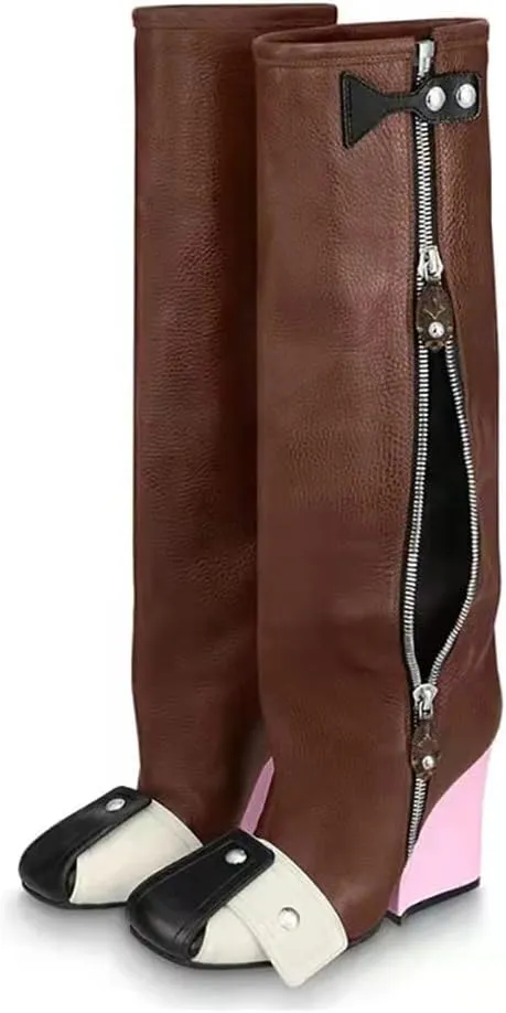 Goolita Women's Wedge Heel Knee High Boots Square Toe Side Zipper Metallic Rivet Comfortable Dress Boots