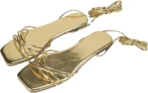 GORGLITTER Women's Lace Up Strappy Flat Sandals Metallic Tie Up Dressy Crisscross Slide Sandals