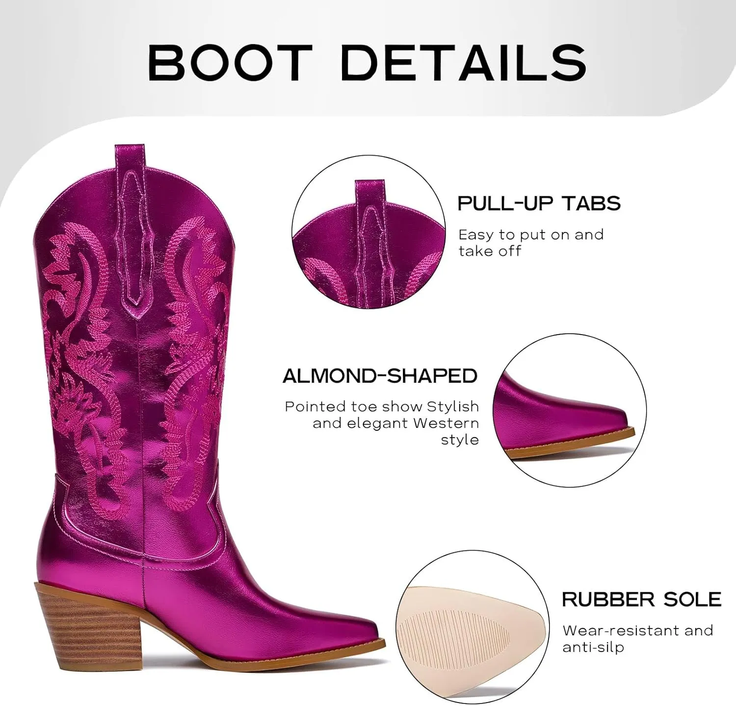 GOSERCE Cowboy Boots for Women - Metallic Mid Calf Cowgirl Boots with Embroidery Sparkly Western Wide Calf Short Boots Fashion Pull on Pointy Toe Chunky Stacked Heel 2.5"