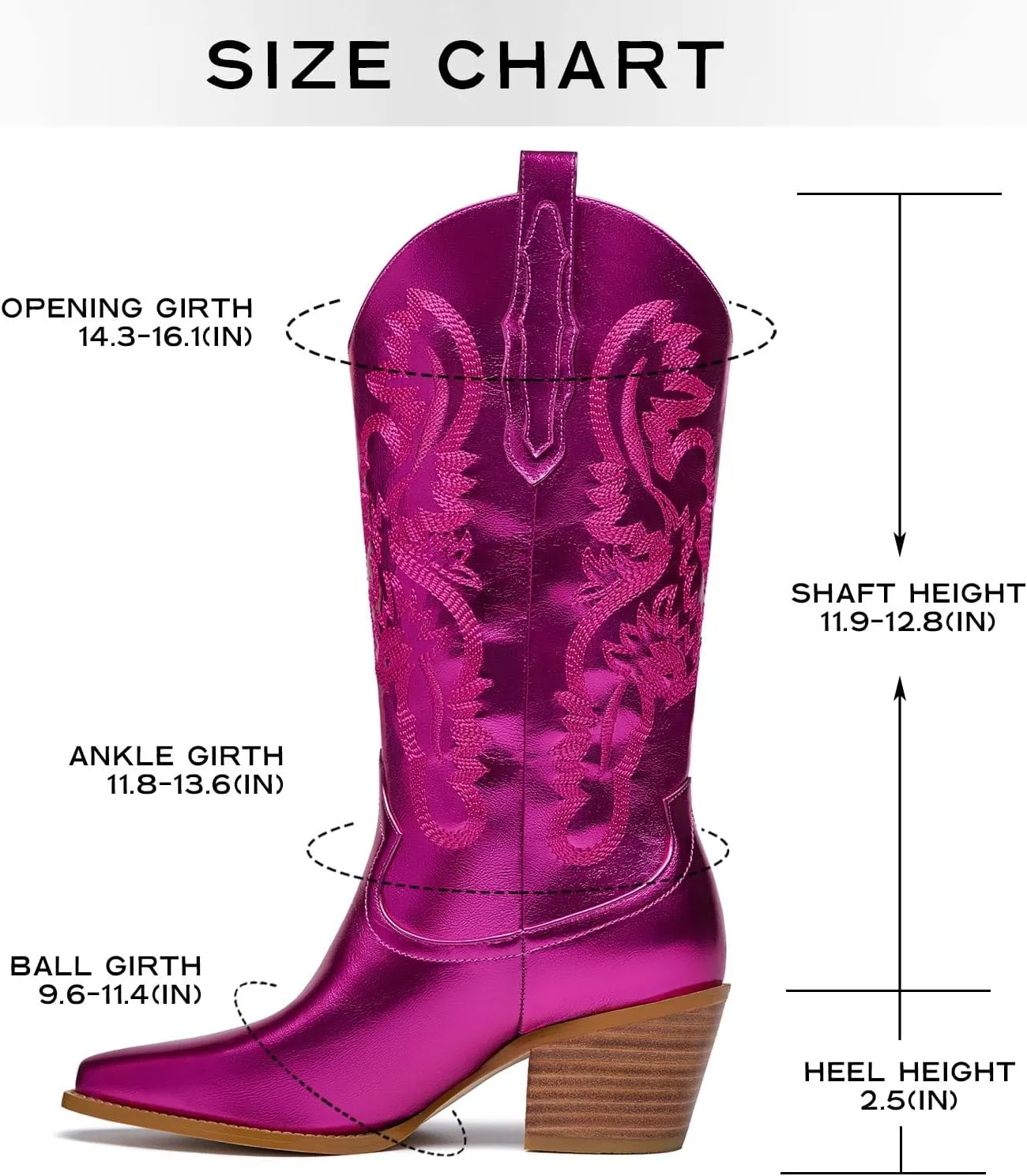 GOSERCE Cowboy Boots for Women - Metallic Mid Calf Cowgirl Boots with Embroidery Sparkly Western Wide Calf Short Boots Fashion Pull on Pointy Toe Chunky Stacked Heel 2.5"