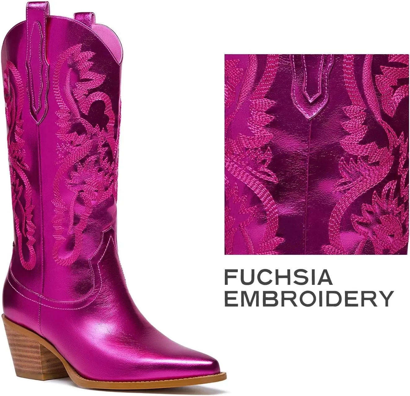 GOSERCE Cowboy Boots for Women - Metallic Mid Calf Cowgirl Boots with Embroidery Sparkly Western Wide Calf Short Boots Fashion Pull on Pointy Toe Chunky Stacked Heel 2.5"