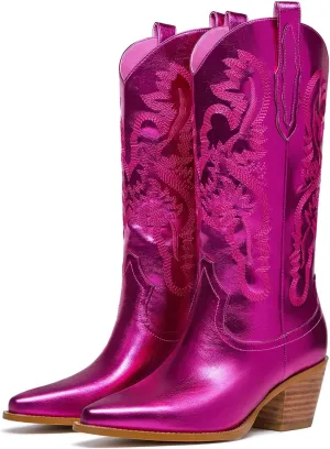 GOSERCE Cowboy Boots for Women - Metallic Mid Calf Cowgirl Boots with Embroidery Sparkly Western Wide Calf Short Boots Fashion Pull on Pointy Toe Chunky Stacked Heel 2.5"