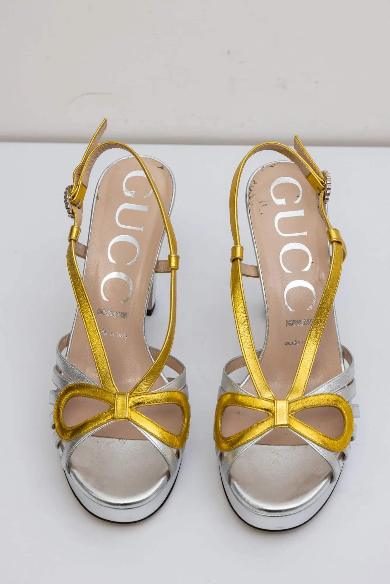 GUCCI Metallic Silver Calf Leather Sandals