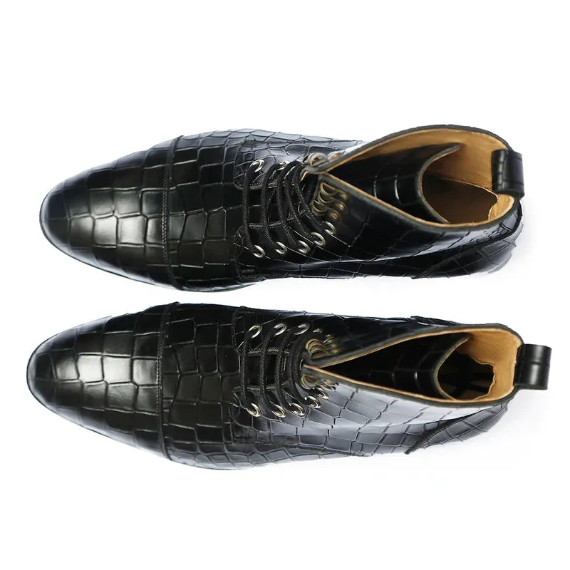 Handmade Black Crocodile Leather Lace-Up Boots for Men