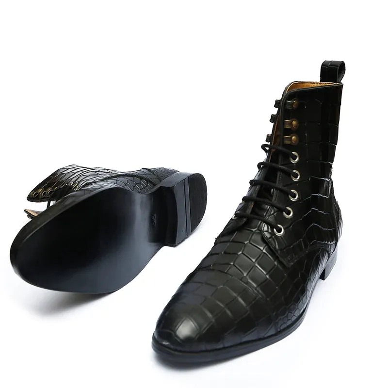 Handmade Black Crocodile Leather Lace-Up Boots for Men