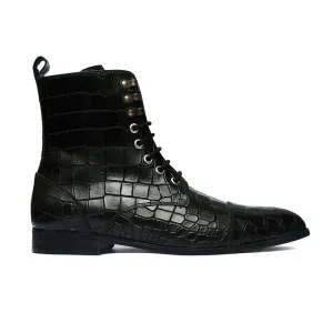 Handmade Black Crocodile Leather Lace-Up Boots for Men