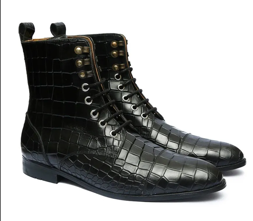 Handmade Black Crocodile Leather Lace-Up Boots for Men