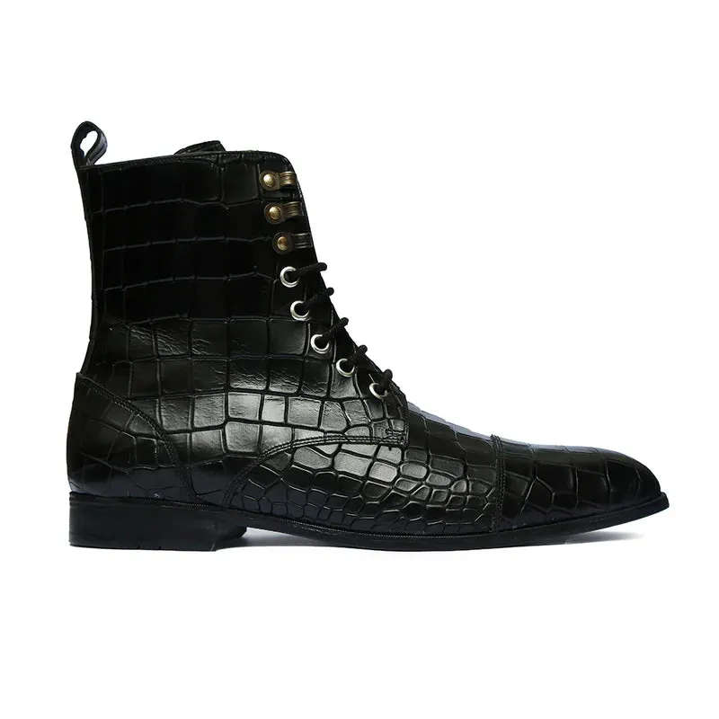 Handmade Black Crocodile Leather Lace-Up Boots for Men