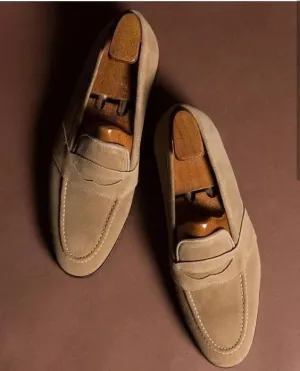 Handmade Brown Suede Slip Ons, Men Office Loafers Shoes, Dress Moccasins