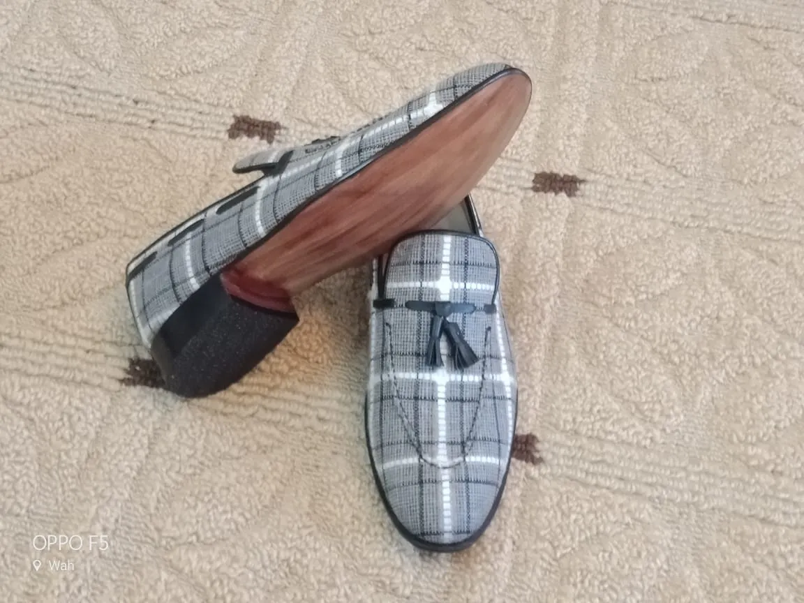Handmade Gray Tweed Leather Loafer Moccasins for Men
