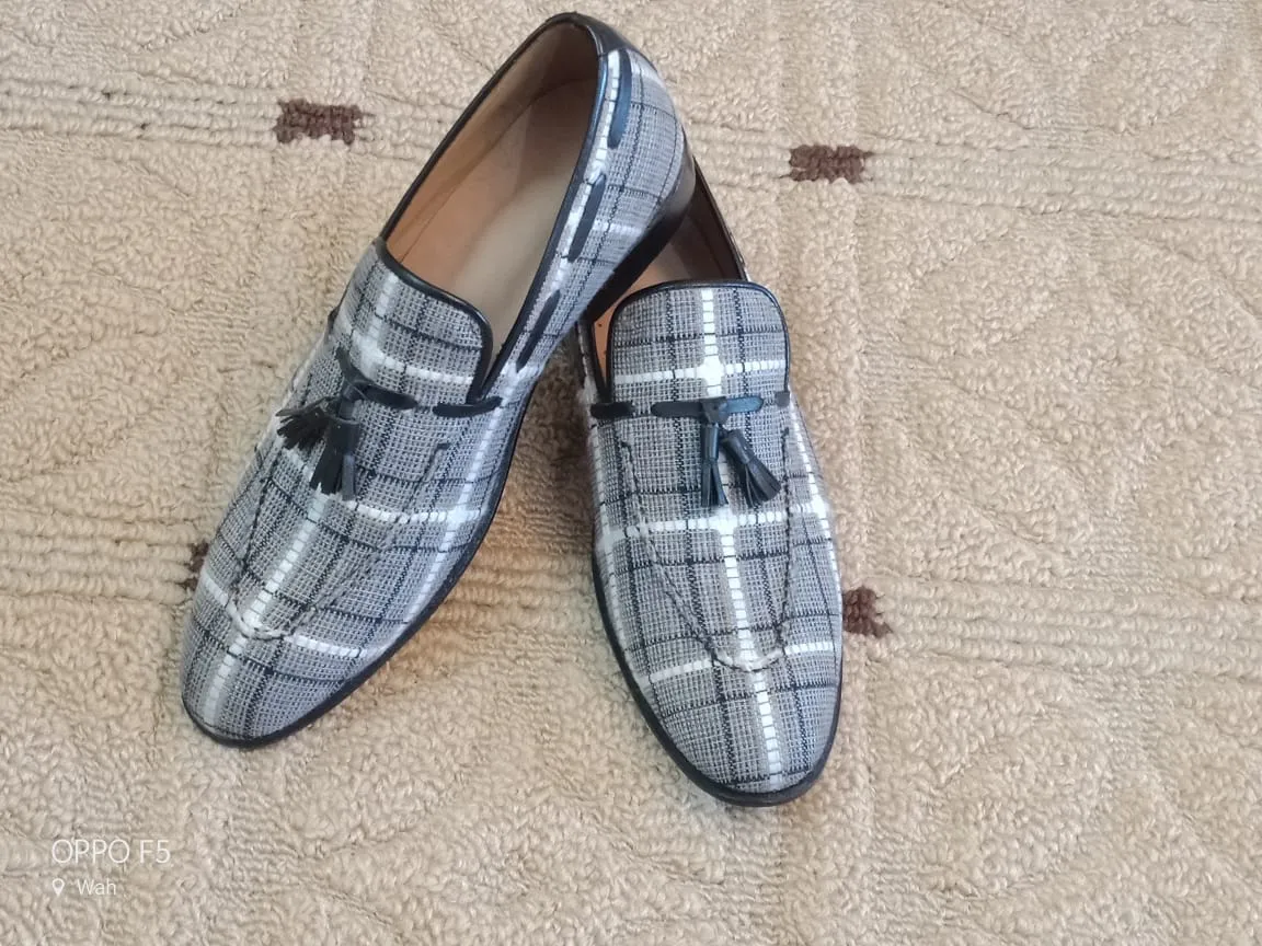 Handmade Gray Tweed Leather Loafer Moccasins for Men