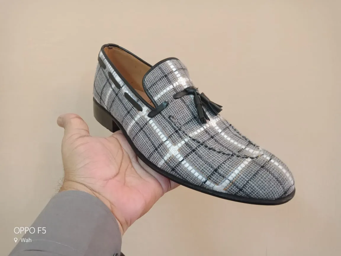 Handmade Gray Tweed Leather Loafer Moccasins for Men