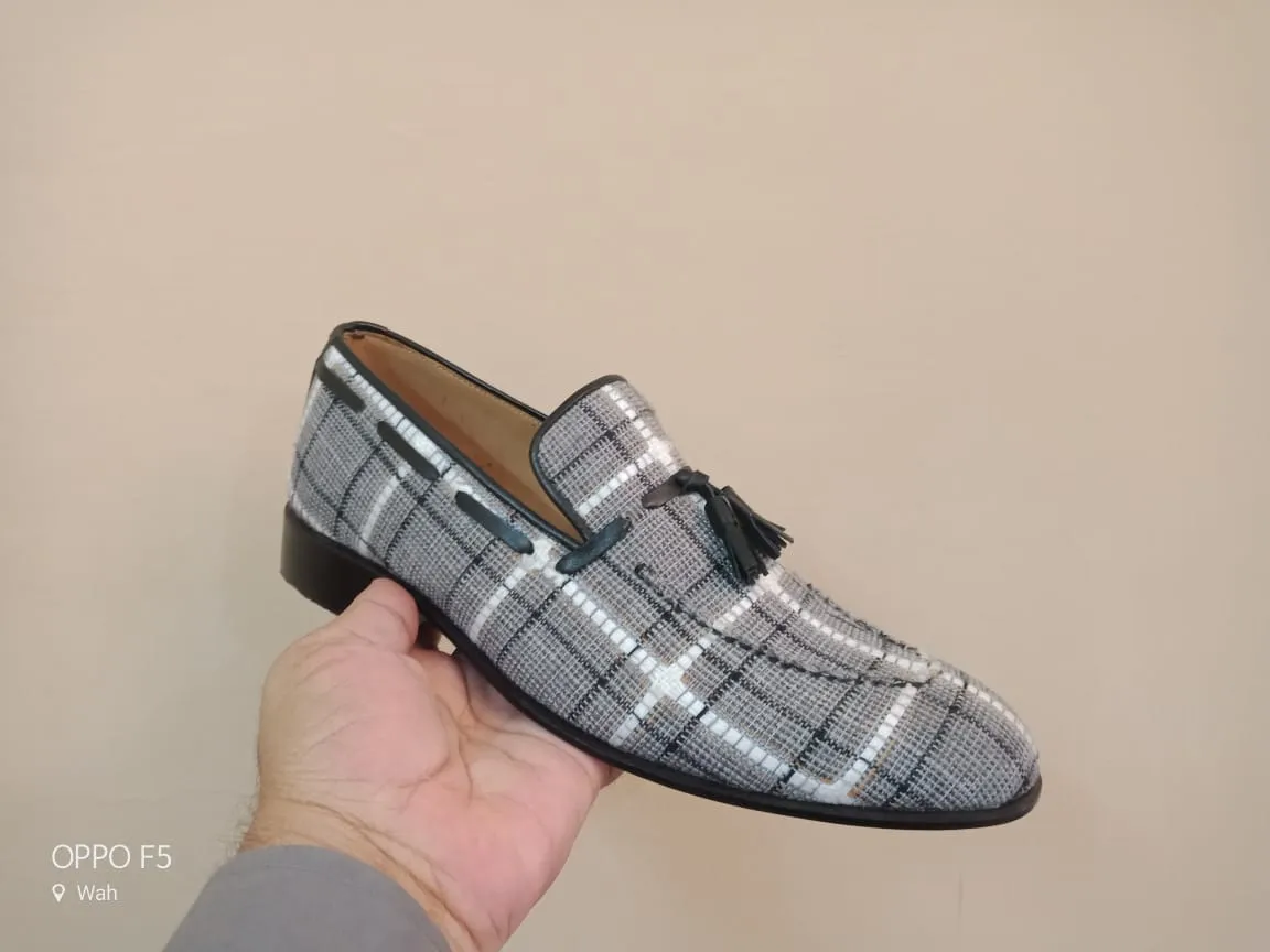 Handmade Gray Tweed Leather Loafer Moccasins for Men